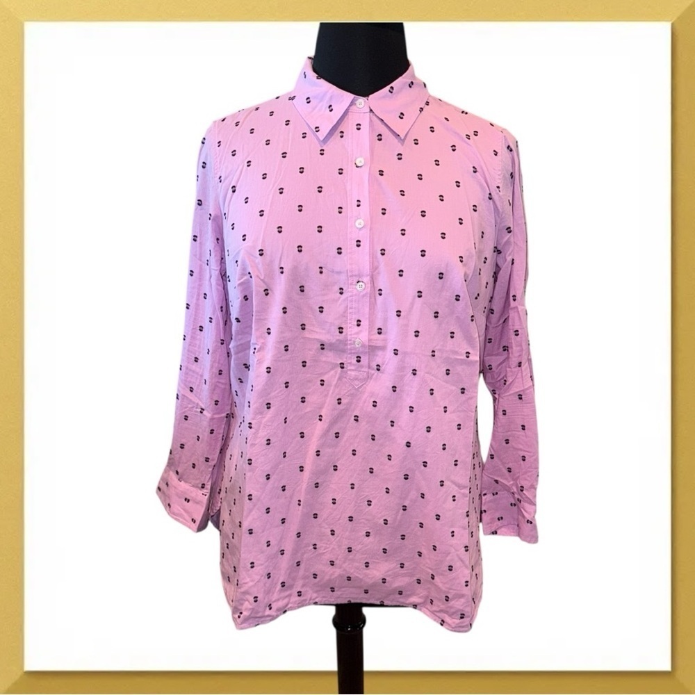 TALBOTS CLIP DOT COLLARED POPOVER - VIBRANT FLORAL 1X Purple/Navy Dots